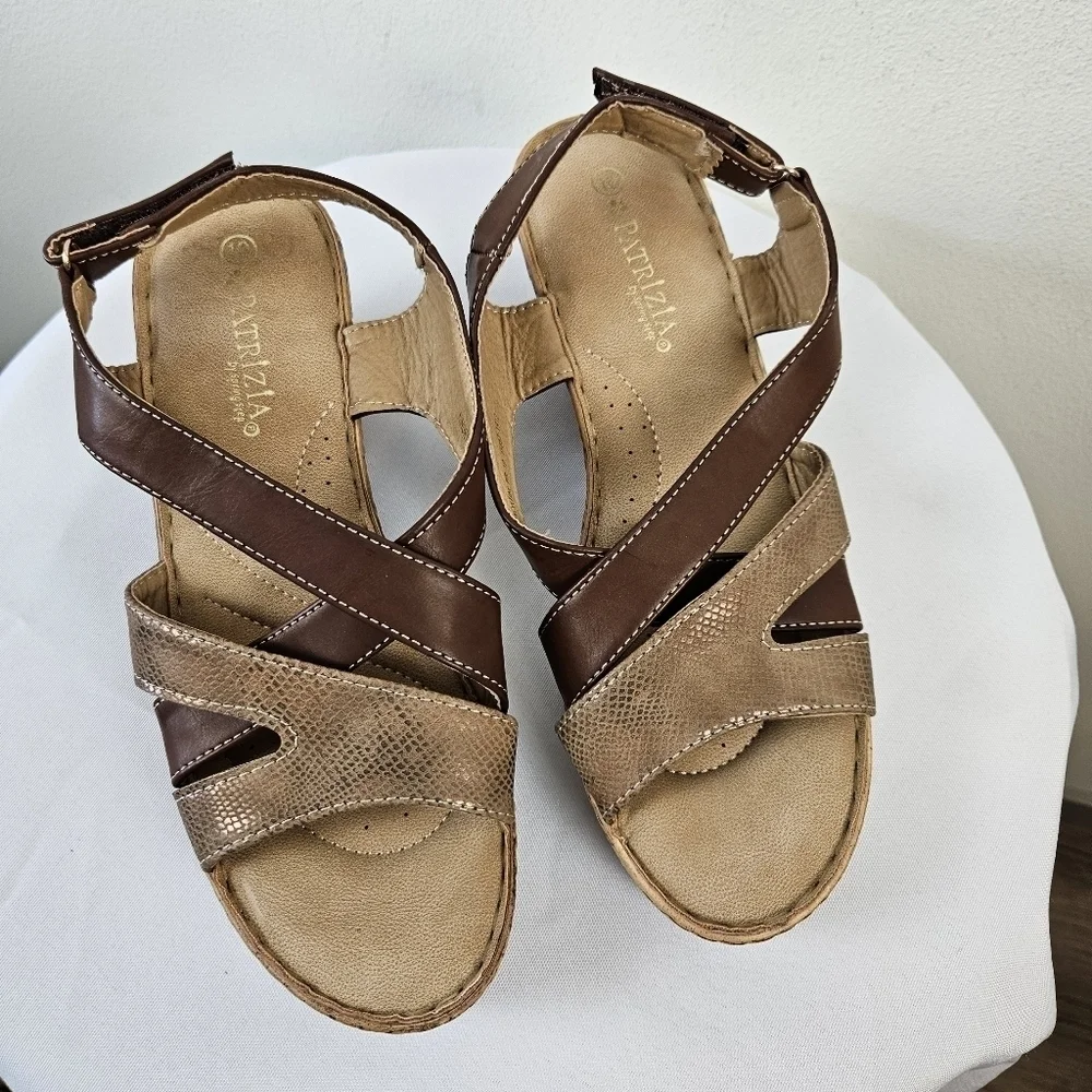Patrizia by Spring Step Brown Faux Leather Wedge Sandals | Mid Heel Size 10